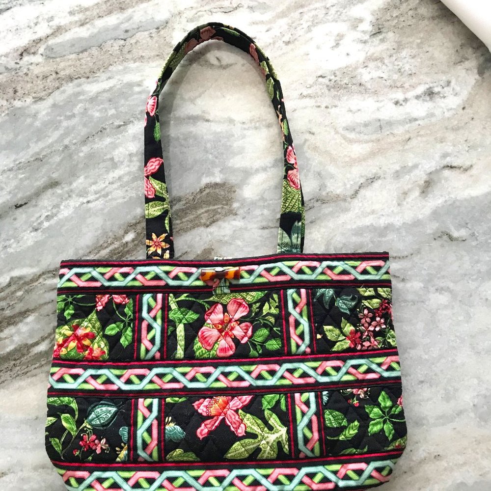 Vera Bradley Black Print Botanica Small Tic Tac Tote Bag Shoulder Bag Purse